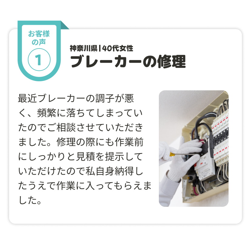 最近ブレーカーの調子が悪く、頻繁に落ちてしまっていたのでご相談させていただきました。修理の際にも作業前にしっかりと見積を提示していただけたので私自身納得したうえで作業に入ってもらえました。